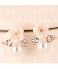 Vivid Seashell Flower with Pearl and Cubic Zirconia Embellished Design Copper Fashion Ear Studs - Rose Gold