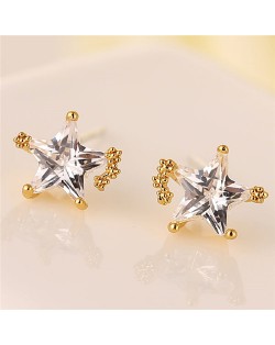 Korean Style Cubic Zirconia Shining Star Fashion Ear Studs - Golden