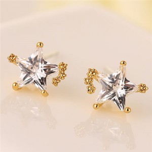Korean Style Cubic Zirconia Shining Star Fashion Ear Studs - Golden