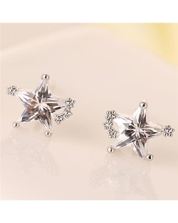 Korean Style Cubic Zirconia Shining Star Fashion Ear Studs - Silver