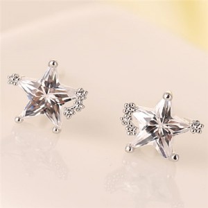 Korean Style Cubic Zirconia Shining Star Fashion Ear Studs - Silver
