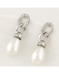 Rhinestone Embellished Pearl Fashion Linked Chain Waterdrop Design Ear Studs - Silver