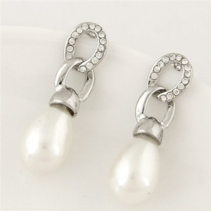 Rhinestone Embellished Pearl Fashion Linked Chain Waterdrop Design Ear Studs - Silver