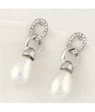 Rhinestone Embellished Pearl Fashion Linked Chain Waterdrop Design Ear Studs - Silver