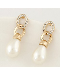 Rhinestone Embellished Pearl Fashion Linked Chain Waterdrop Design Ear Studs - Golden