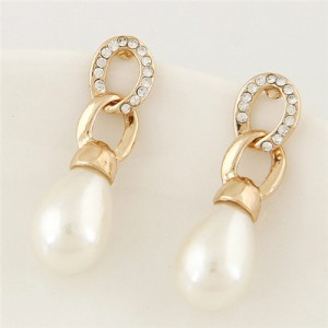 Rhinestone Embellished Pearl Fashion Linked Chain Waterdrop Design Ear Studs - Golden