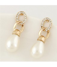 Rhinestone Embellished Pearl Fashion Linked Chain Waterdrop Design Ear Studs - Golden