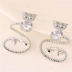 Cubic Zirconia Inlaid Cute Night Owl Unique Design Fashion Earrings - Silver