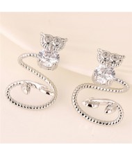 Cubic Zirconia Inlaid Cute Night Owl Unique Design Fashion Earrings - Silver