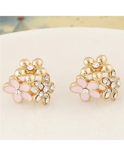 Czech Rhinestone Inlaid Oil Spot Glazed Triple Golden Flowers Cluster Fashion Ear Studs - Pink