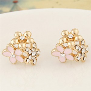 Czech Rhinestone Inlaid Oil Spot Glazed Triple Golden Flowers Cluster Fashion Ear Studs - Pink