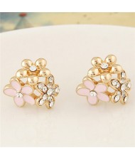 Czech Rhinestone Inlaid Oil Spot Glazed Triple Golden Flowers Cluster Fashion Ear Studs - Pink