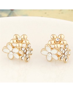 Czech Rhinestone Inlaid Oil Spot Glazed Triple Golden Flowers Cluster Fashion Ear Studs - White