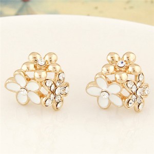 Czech Rhinestone Inlaid Oil Spot Glazed Triple Golden Flowers Cluster Fashion Ear Studs - White