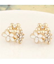 Czech Rhinestone Inlaid Oil Spot Glazed Triple Golden Flowers Cluster Fashion Ear Studs - White