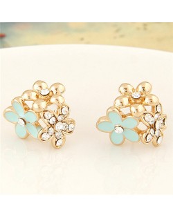 Czech Rhinestone Inlaid Oil Spot Glazed Triple Golden Flowers Cluster Fashion Ear Studs - Teal