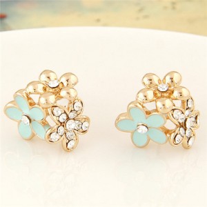 Czech Rhinestone Inlaid Oil Spot Glazed Triple Golden Flowers Cluster Fashion Ear Studs - Teal