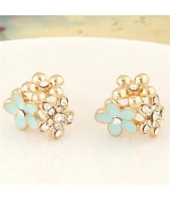 Czech Rhinestone Inlaid Oil Spot Glazed Triple Golden Flowers Cluster Fashion Ear Studs - Teal