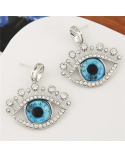 Rhinestone Embellished Cute Opening Eyes Silver Fashion Ear Studs - Blue