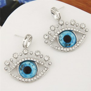 Rhinestone Embellished Cute Opening Eyes Silver Fashion Ear Studs - Blue