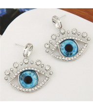 Rhinestone Embellished Cute Opening Eyes Silver Fashion Ear Studs - Blue