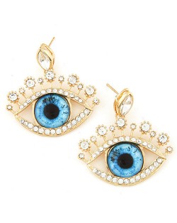Rhinestone Embellished Cute Opening Eyes Golden Fashion Ear Studs - Blue