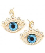 Rhinestone Embellished Cute Opening Eyes Golden Fashion Ear Studs - Blue