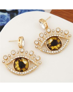 Rhinestone Embellished Cute Opening Eyes Golden Fashion Ear Studs - Yellow