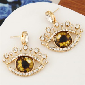 Rhinestone Embellished Cute Opening Eyes Golden Fashion Ear Studs - Yellow