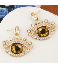 Rhinestone Embellished Cute Opening Eyes Golden Fashion Ear Studs - Yellow