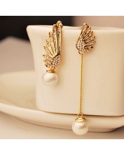 Shining Czech Rhinestone Embedded Asymmetric Angel Wings Pearl Fashion Ear Studs
