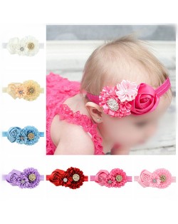 (8 pcs Per Unit) Rhinestone Inlaid Triple Roses Baby Fashion Hair Band