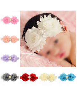 (12 pcs Per Unit) Pearl and Rhinestone Decorated Twin Flowers Design Baby Fashion Hair Band