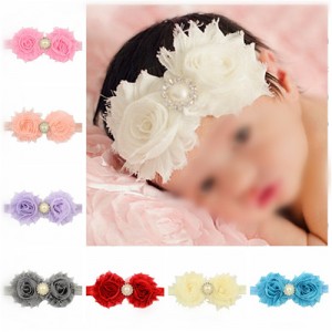 (12 pcs Per Unit) Pearl and Rhinestone Decorated Twin Flowers Design Baby Fashion Hair Band