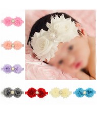 (12 pcs Per Unit) Pearl and Rhinestone Decorated Twin Flowers Design Baby Fashion Hair Band