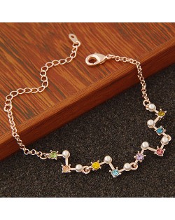 Sweet Colorful Rhinestone and Pearl Inlaid Unique Golden Fashion Bracelet