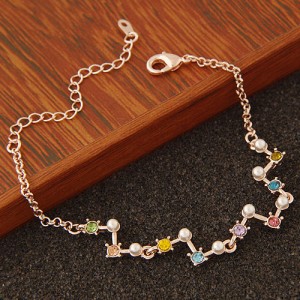 Sweet Colorful Rhinestone and Pearl Inlaid Unique Golden Fashion Bracelet