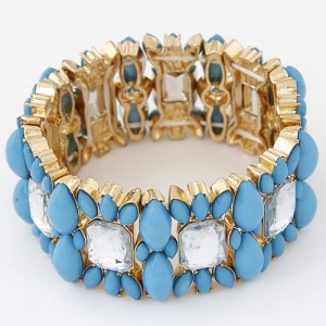 Blue and Transparent Resin Gems Inlaid Elastic Fashion Bracelet