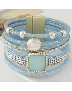 Rhinestone Embellished Multiple Layers Magnetic Buckle Wide Fashion Bangle - Blue