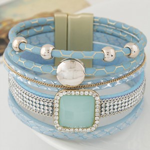 Rhinestone Embellished Multiple Layers Magnetic Buckle Wide Fashion Bangle - Blue