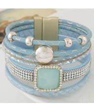 Rhinestone Embellished Multiple Layers Magnetic Buckle Wide Fashion Bangle - Blue