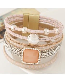 Rhinestone Embellished Multiple Layers Magnetic Buckle Wide Fashion Bangle - Pink