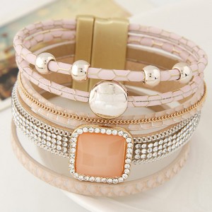 Rhinestone Embellished Multiple Layers Magnetic Buckle Wide Fashion Bangle - Pink