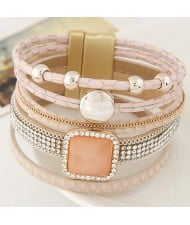 Rhinestone Embellished Multiple Layers Magnetic Buckle Wide Fashion Bangle - Pink