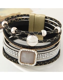 Rhinestone Embellished Multiple Layers Magnetic Buckle Wide Fashion Bangle - Black