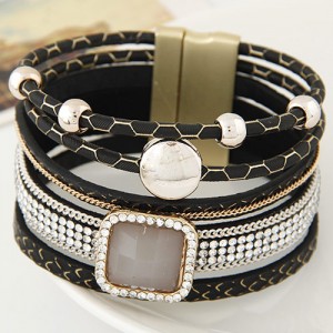 Rhinestone Embellished Multiple Layers Magnetic Buckle Wide Fashion Bangle - Black