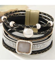 Rhinestone Embellished Multiple Layers Magnetic Buckle Wide Fashion Bangle - Black