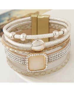 Rhinestone Embellished Multiple Layers Magnetic Buckle Wide Fashion Bangle - White