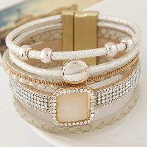 Rhinestone Embellished Multiple Layers Magnetic Buckle Wide Fashion Bangle - White