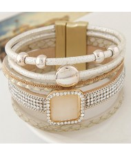 Rhinestone Embellished Multiple Layers Magnetic Buckle Wide Fashion Bangle - White